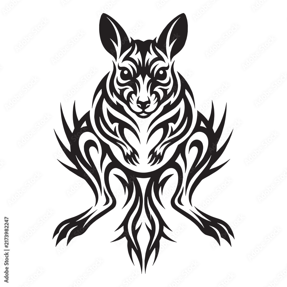 Fototapeta premium Tribal Kangaroo Tattoo Design, Blackwork Ink Ornamental Wallaby Illustration, Stylized Australian Animal Art