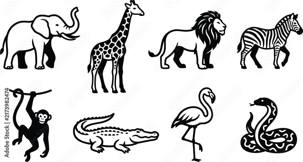 Obraz premium Set of black and white wild animal illustrations including elephant giraffe lion zebra monkey crocodile flamingo snake