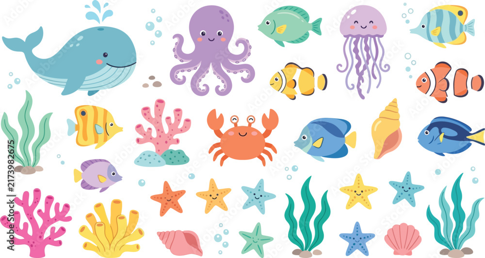 Naklejka premium Cute pixel art sea animals set with whale octopus crab and colorful tropical fish for underwater ocean game design