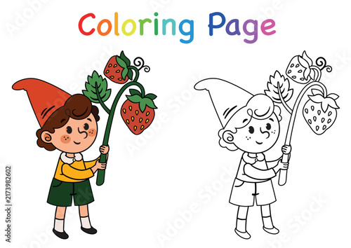 Strawberry Gnome Coloring Page – Cute Garden Elf Kids Coloring Activity