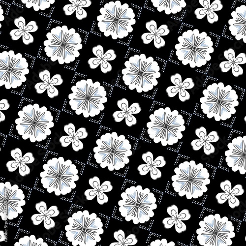 Black and white seamless pattern with abstract flowers and Thai motifs