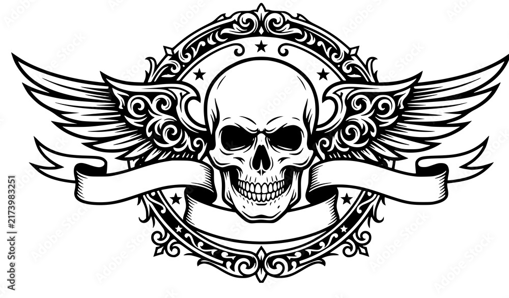 Fototapeta premium Gothic Skull Emblem with Decorative Blank Banners Vector Illustration