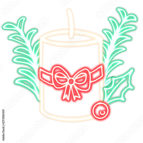 drawn glowing neon white pillar candle with red bow and green foliage