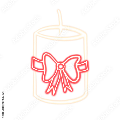 drawn glowing neon white candle with red ribbon bow