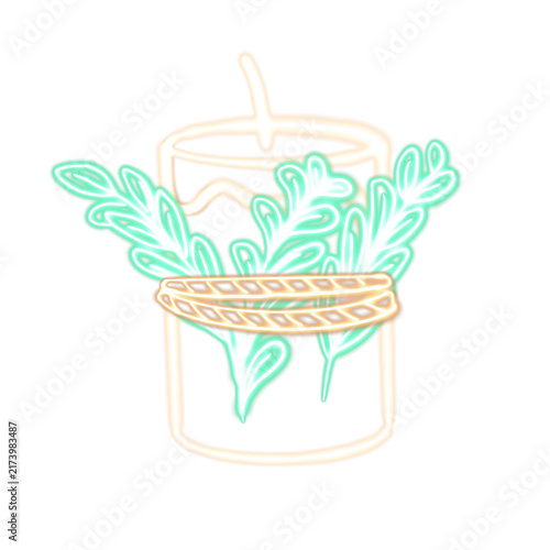 drawn glowing neon white pillar candle with braided rope and green rosemary herb sprigs