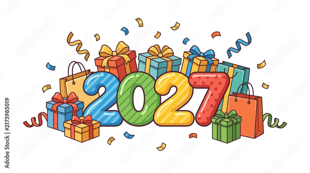 Naklejka premium Colorful 2027 New Year Celebration Illustration Featuring Gift Boxes and Confetti