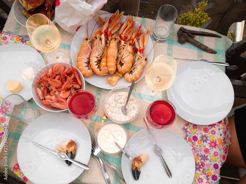 Seafood Feast With Shrimp, Crayfish and White Wine in Smögen, Sweden