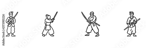 Samurai Warrior Hand Drawn Doodle Icon Set. Sword Fighting, Martial Arts, Armor And Traditional Combat Sketch Symbol Collection. Japanese Culture. Isolated Vector Illustration