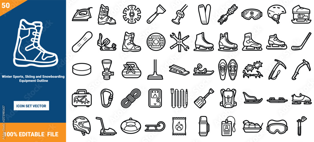 Obraz premium Winter sports and winter activity equipment thin line icons vector set