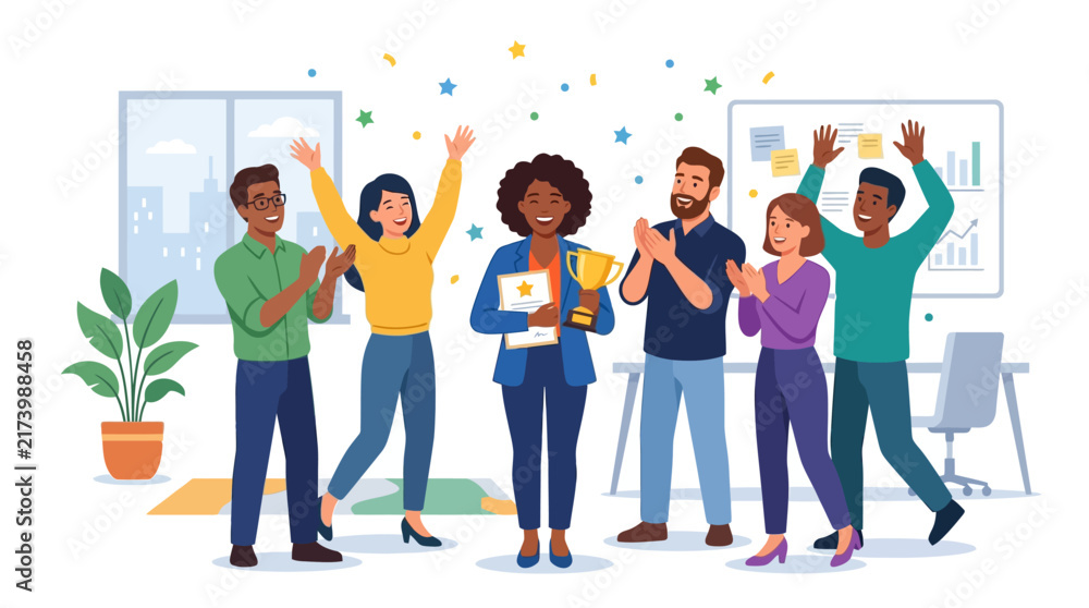 Fototapeta premium Diverse Team Celebrating Success with Trophy and Confetti in Modern Office