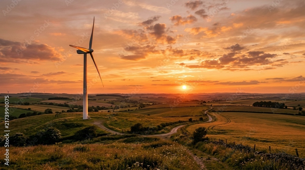 Obraz premium Wind Turbine at Sunset, Rural Landscape, Renewable Energy