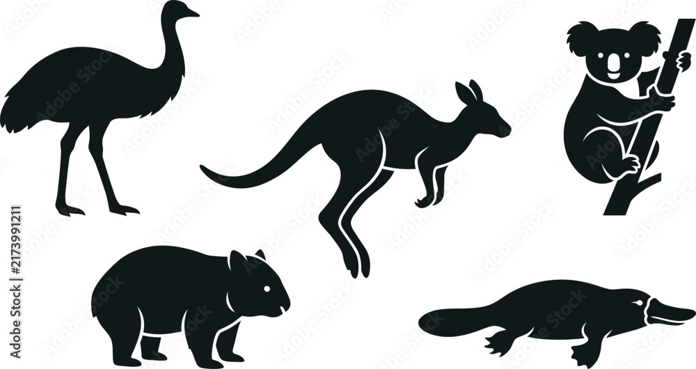 Fototapeta premium Set of silhouettes of australian animals including kangaroo koala emu wombat and platypus