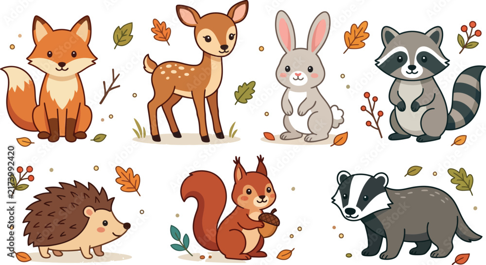 Obraz premium Cute cartoon forest animals collection with fox deer rabbit raccoon hedgehog squirrel and badger for children design