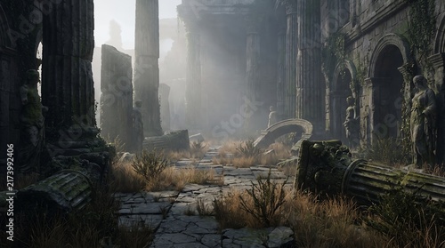 Ancient stone ruins fog architecture fantasy abandoned classical temple light beams mystical ancient civilization