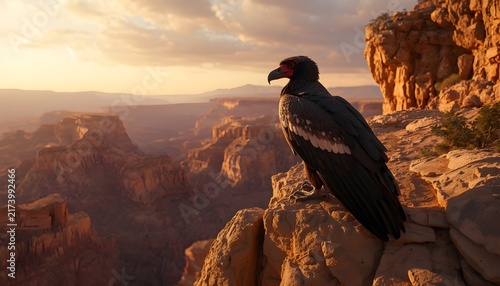Majestic California condor perched on a rugged rocky cliff overlooking a vast canyon landscape at golden hour, with warm sunlight illuminating the bird and surrounding sandstone formations.