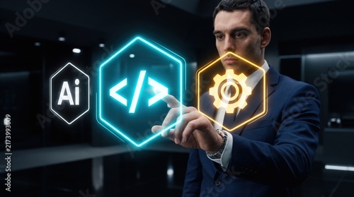 AI Coder Interacting with Futuristic Interface: A businessman in a sharp suit interacts with a holographic display showcasing AI, coding symbols, and a gear icon.