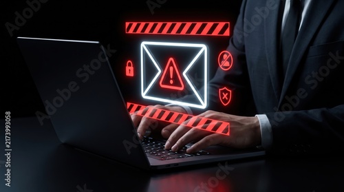 Cybersecurity Threat Alert: A businessman in a suit works on a laptop, surrounded by digital warning signs and security icons, illustrating a cybersecurity threat and data breach.