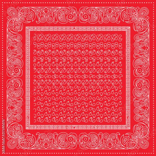 Red bandana pattern vector with white paisley and ornamental border design