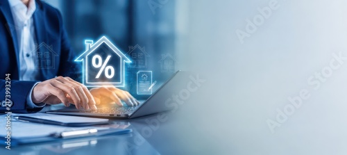 Digital Home Ownership & Investment: A professional in a suit utilizes a laptop, with a holographic overlay depicting a house, percentage symbol, and lock, symbolizing mortgage.