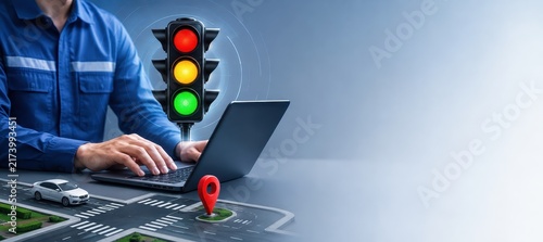 Smart Traffic Management System: A person uses a laptop to manage a smart traffic control system with a digital traffic light and GPS pin on a miniature road map.