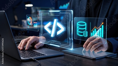 Coding and Data Analysis: A person's hands are seen actively typing on a laptop, with a holographic interface displaying code symbols, database icons, and financial charts.