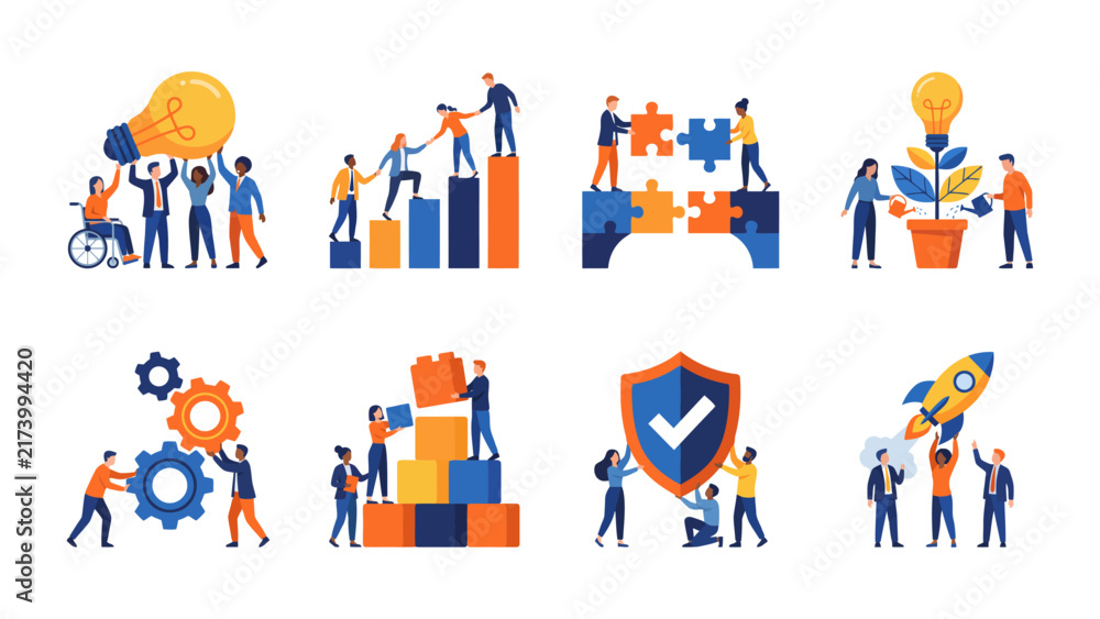 Fototapeta premium Diverse business professionals collaborating on various creative tasks including lifting giant lightbulbs solving jigsaw puzzles stacking colorful blocks and launching rockets in a flat vector style