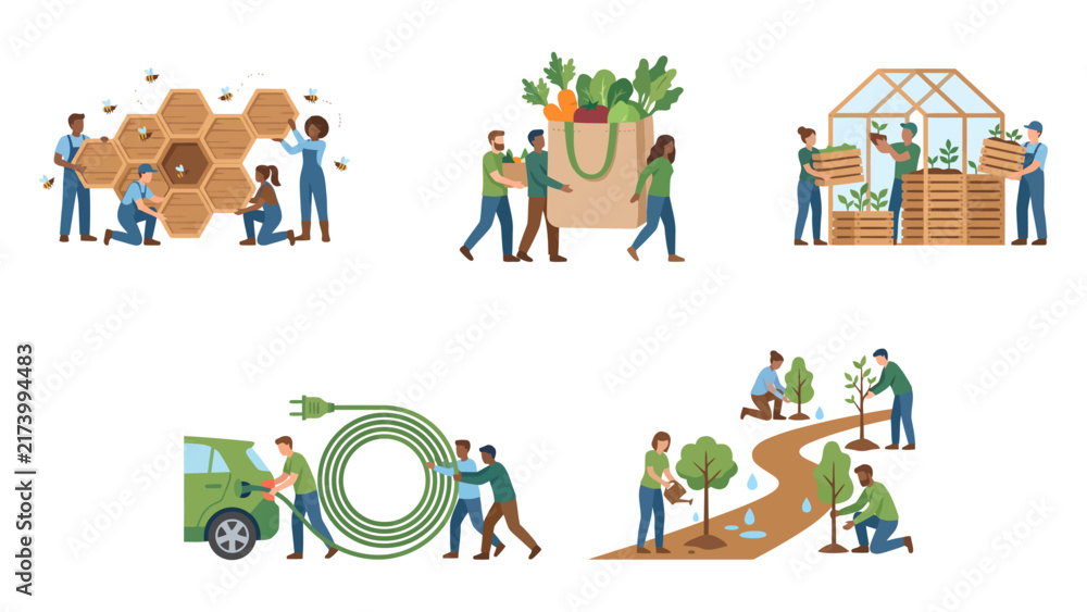 Fototapeta premium Diverse group of volunteers working together on various sustainable projects including organic farming & green energy solutions to protect our beautiful planet through collective environmental action
