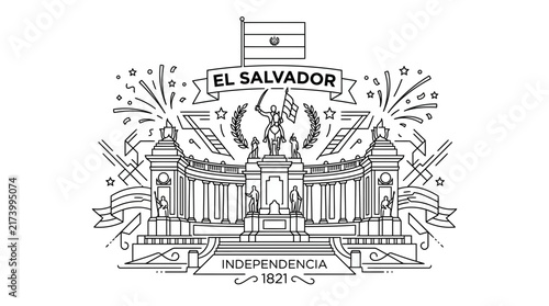 Line Art Illustration of El Salvador Independence Day Monument with Flag and Fireworks