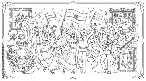 One Line Drawing of a Traditional Cultural Festival Celebration with Dancers and Musicians