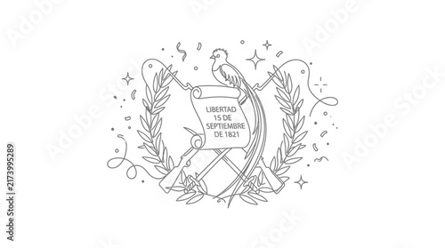 National Emblem Illustration with Bird Scroll and Laurel Wreath in Line Art Style
