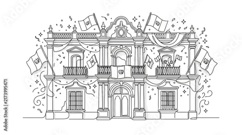 Continuous Line Drawing of Historic Palace with National Flags and Confetti Celebration