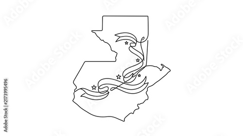 Continuous One Line Drawing of Guatemala Map with Decorative Ribbons and Stars