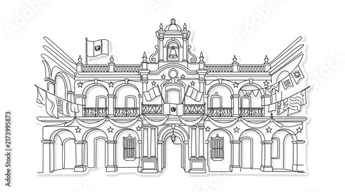 Continuous line art illustration of a historic colonial palace with flags and arches