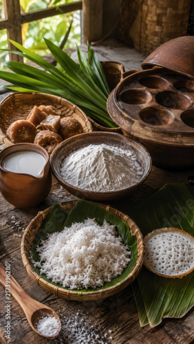 Serabi ingredients arranged with coconut milk, rice flour and traditional clay cookware.generative AI