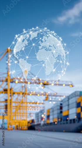 Global network connection with cargo ship and container port in background