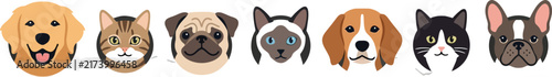 Cute cartoon dog and cat faces peeking out from paper holes in a row