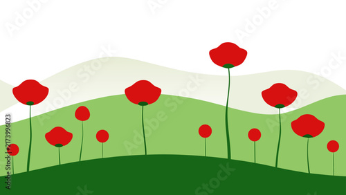 Red poppy flower field with green rolling hills and white sky, peaceful natural landscape background design element.
