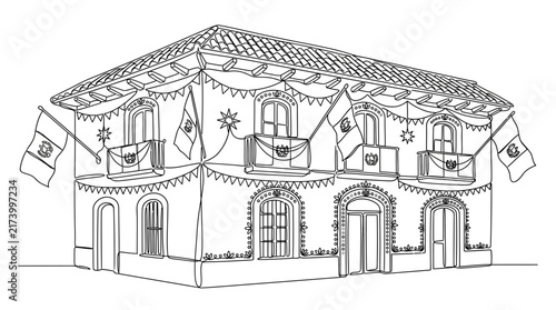 Minimalist Continuous Line Drawing of a Traditional Colonial House with Festive Decorations and Flags