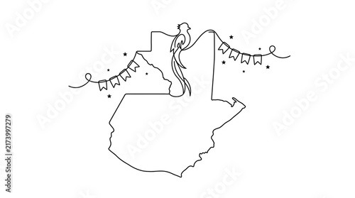 Continuous line drawing of Guatemala map with quetzal bird and festive bunting flags