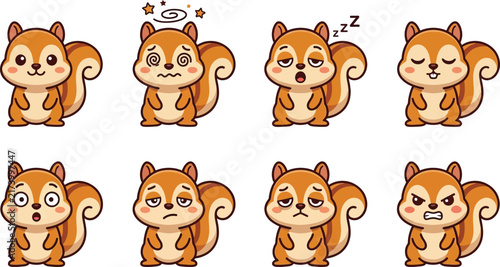 Cute cartoon squirrel character set with different facial expressions and emotions for sticker or mascot design