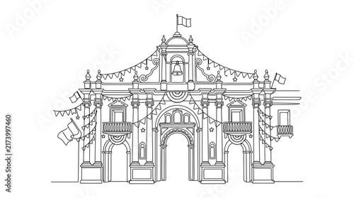 Continuous One Line Drawing of Colonial Architecture Facade with Festive Flags