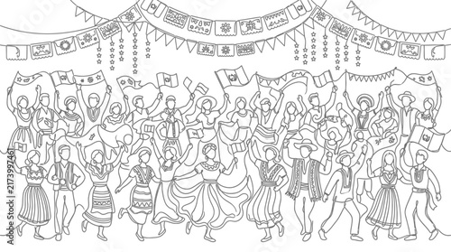 Festive Crowd Celebrating National Day with Flags and Traditional Folk Dancers Line Art Style