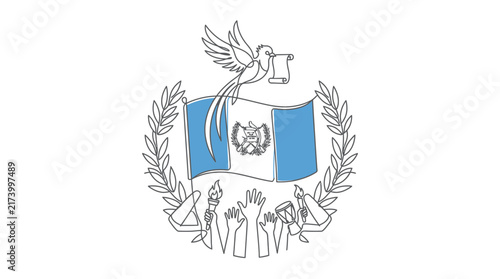 One line art illustration of national flag with quetzal bird laurel branches and celebratory hands