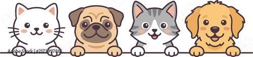 Cute cartoon cat and dog heads peeking over a line border isolated on a transparent background