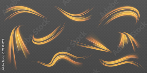 Golden light waves with smooth glowing curves. Sparkling flares create a magical motion effect. Vector illustration for festive and elegant designs.