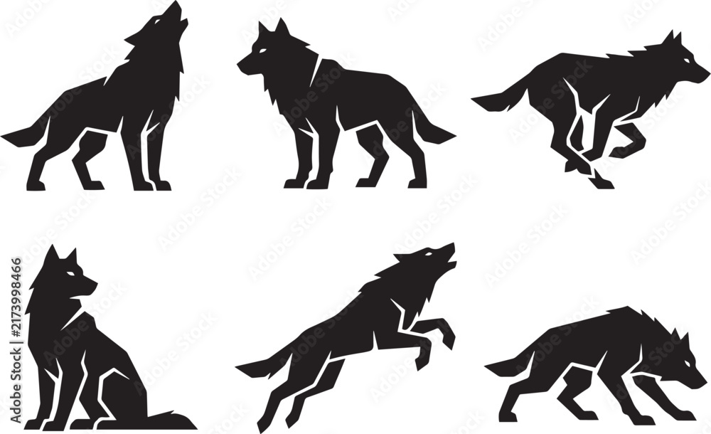 Obraz premium A set of wolves. Hand‑drawn vector illustration.
