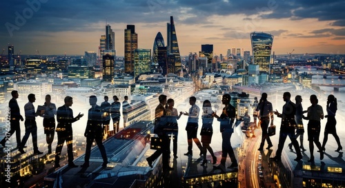 Diverse Business Professionals Collaborate Against A Stunning City Skyline