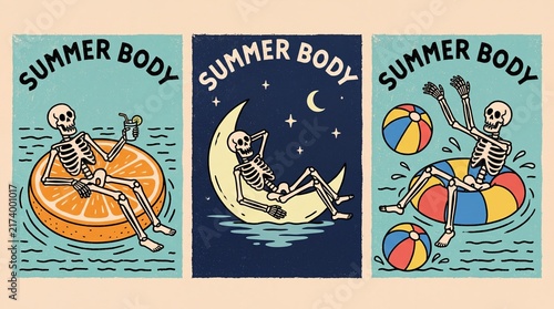 Creative cute print featuring skeletons enjoying summer activities