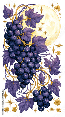 Whimsical Storybook Illustration of Purple Berries with Golden Vines and Full Moon