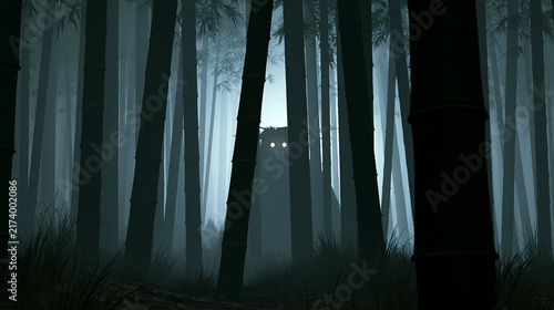 Mysterious Bamboo Forest Shrouded in Fog, Japanese Folklore Horror Atmosphere